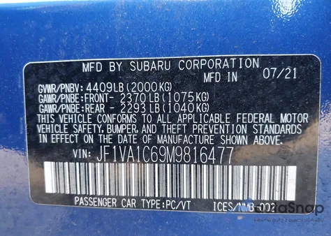 2021 Subaru Wrx Premium from USA, damaged, VIN JF1VA1C69M9816477